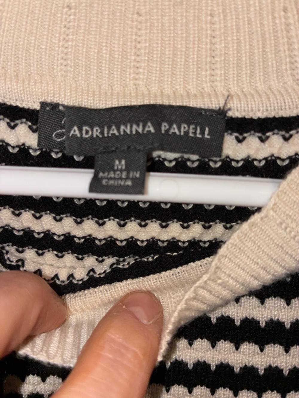 Adrianna Papell Black and Cream Striped Crewneck Sweater